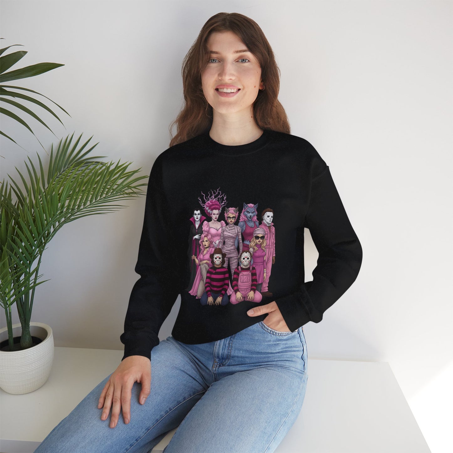 Lady Slashers Halloween Sweatshirt | Female Horror Villains Crewneck in Pink