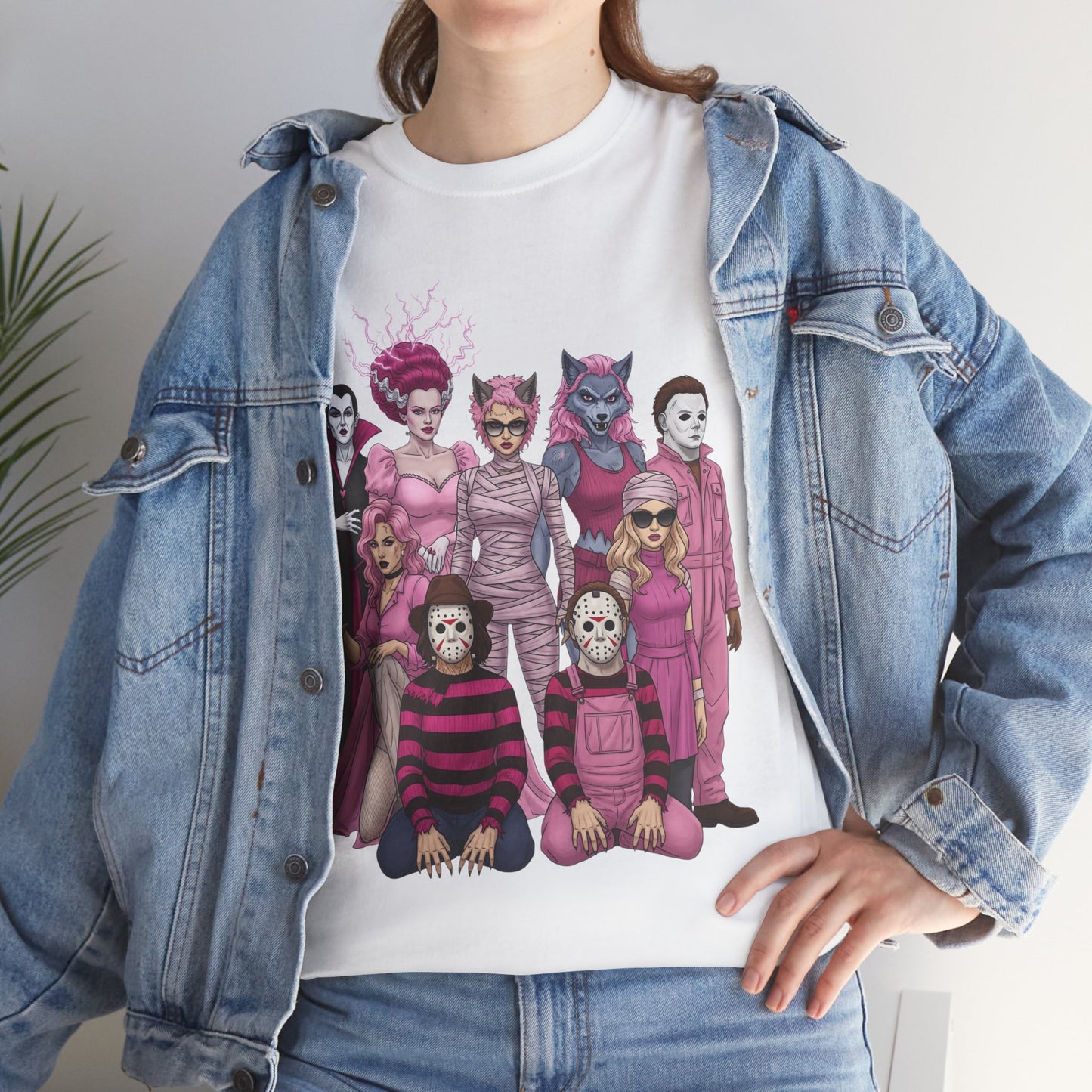 Lady Slashers Halloween Tee | Female Horror Villains Reunion Shirt in Pink