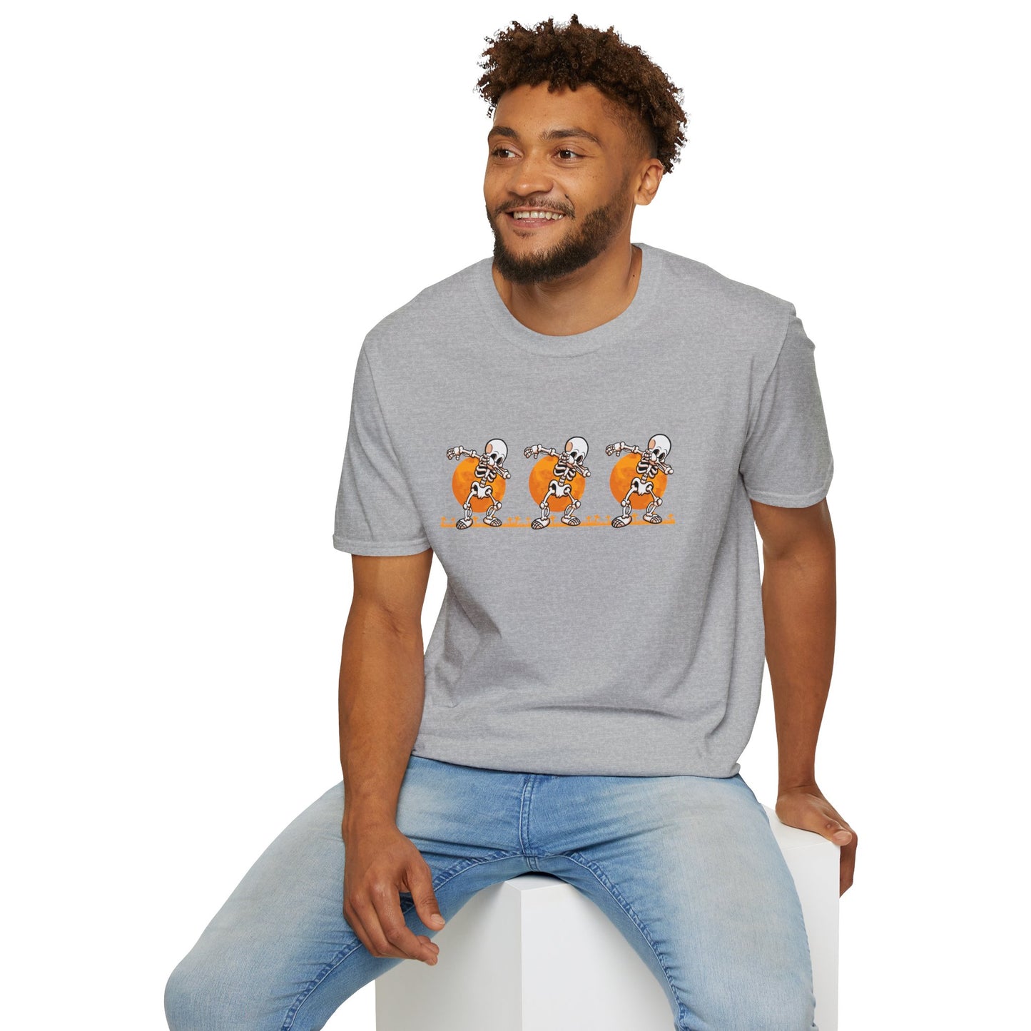 Moonlit Macabre: Dancing Skeleton Halloween T-Shirt – Spooky Unisex Softstyle T-Shirt