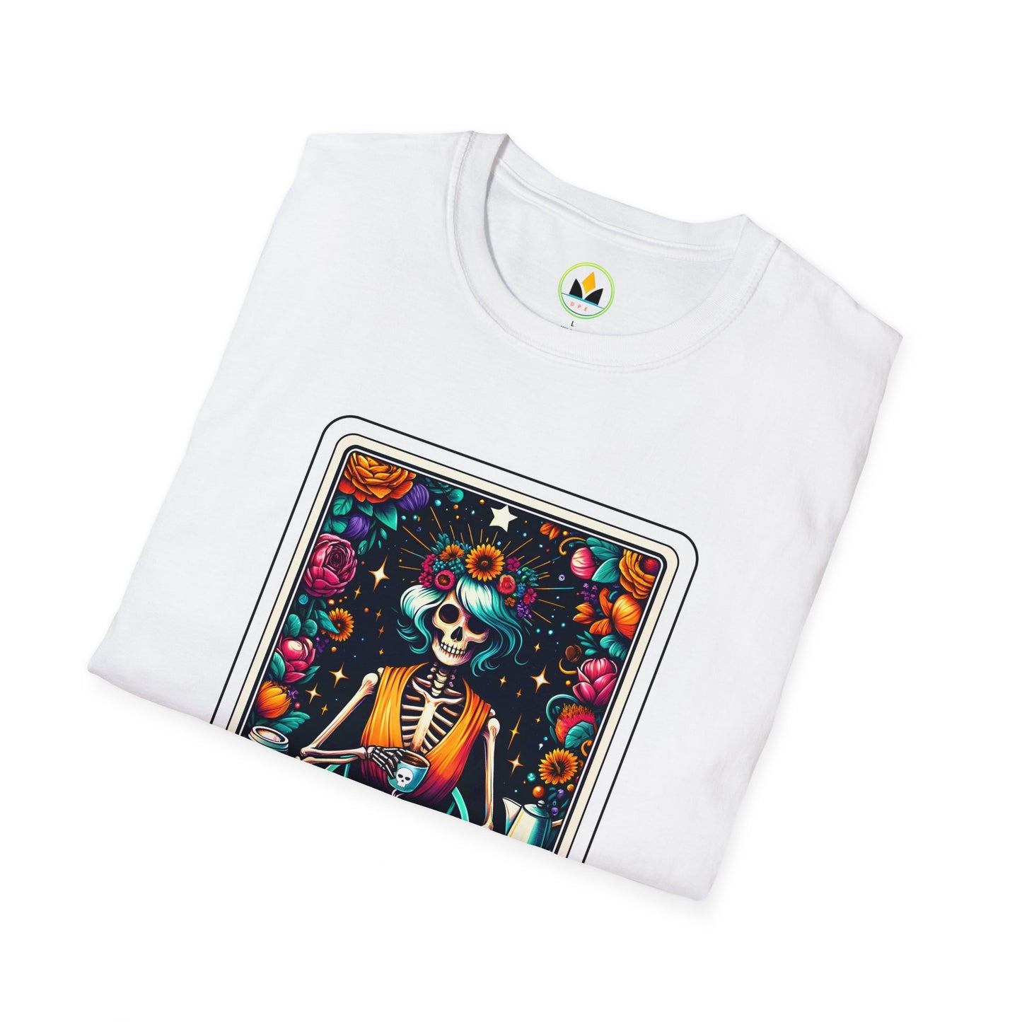 Spooky Halloween Coffee Skeleton Tee - Vibrant Day of the Dead Style Shirt