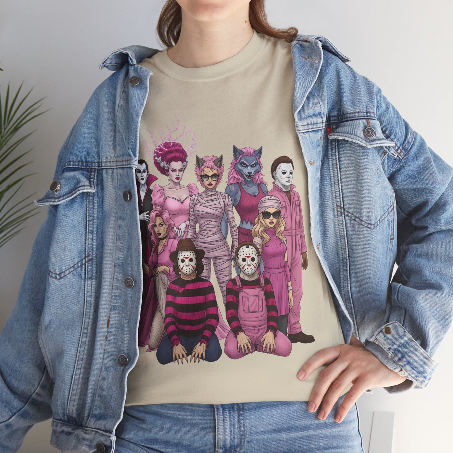 Lady Slashers Halloween Tee | Female Horror Villains Reunion Shirt in Pink