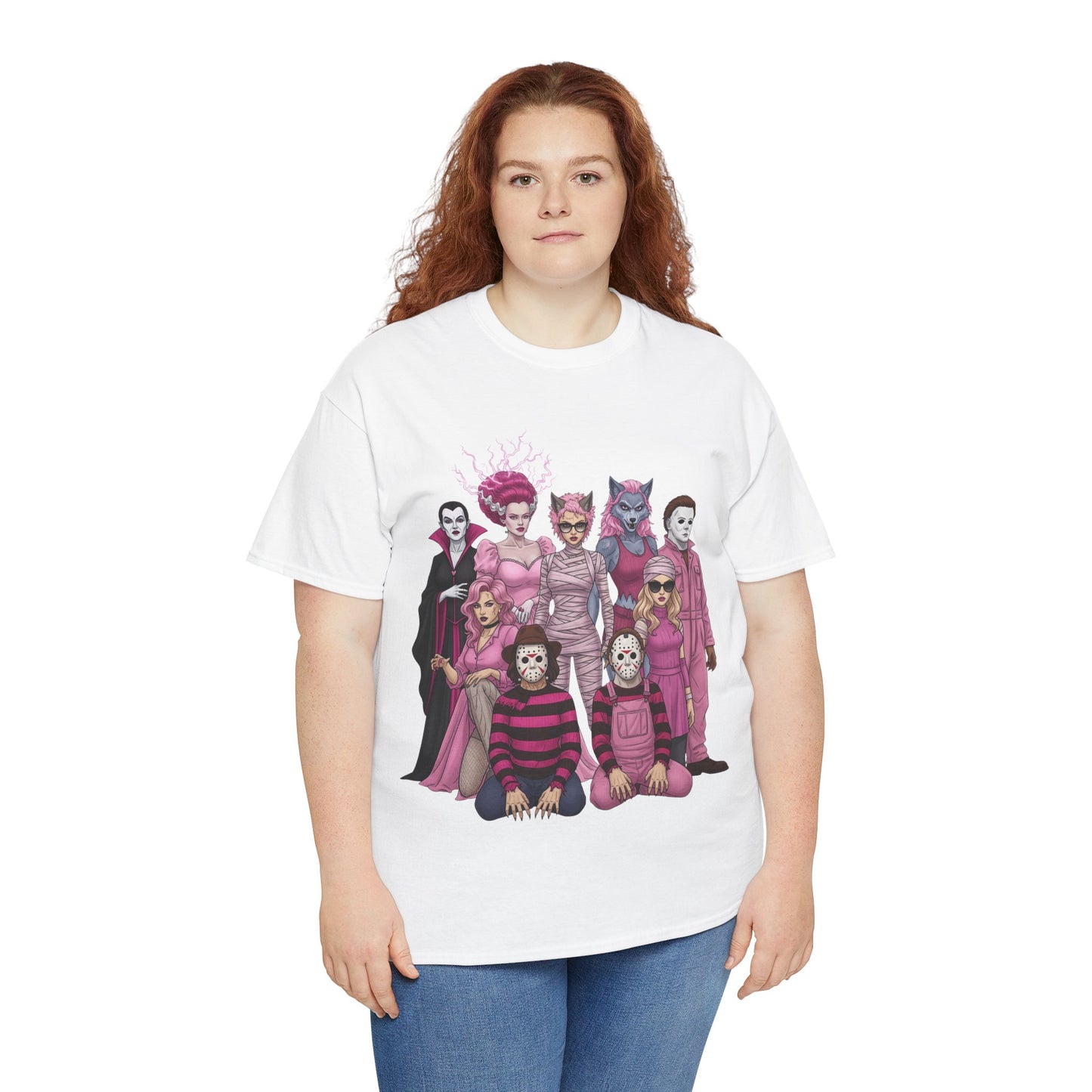 Lady Slashers Halloween Tee | Female Horror Villains Reunion Shirt in Pink