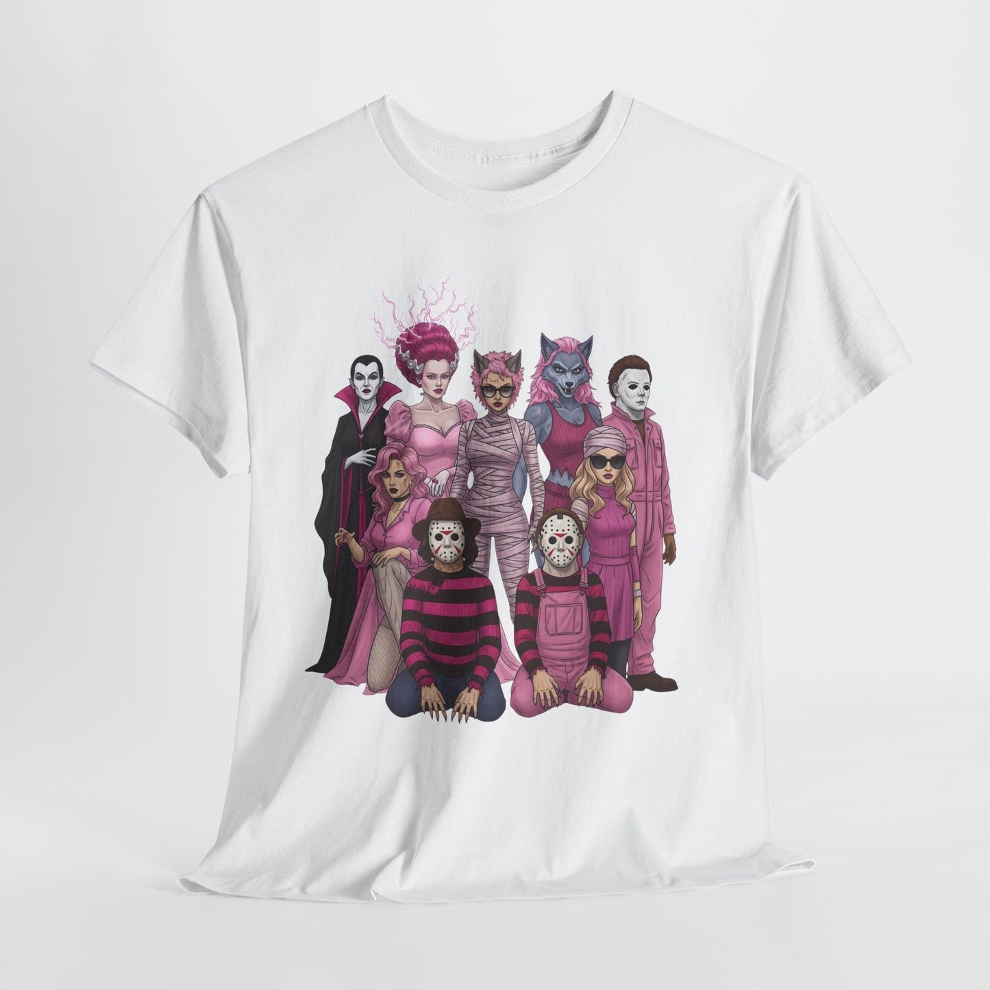 Lady Slashers Halloween Tee | Female Horror Villains Reunion Shirt in Pink
