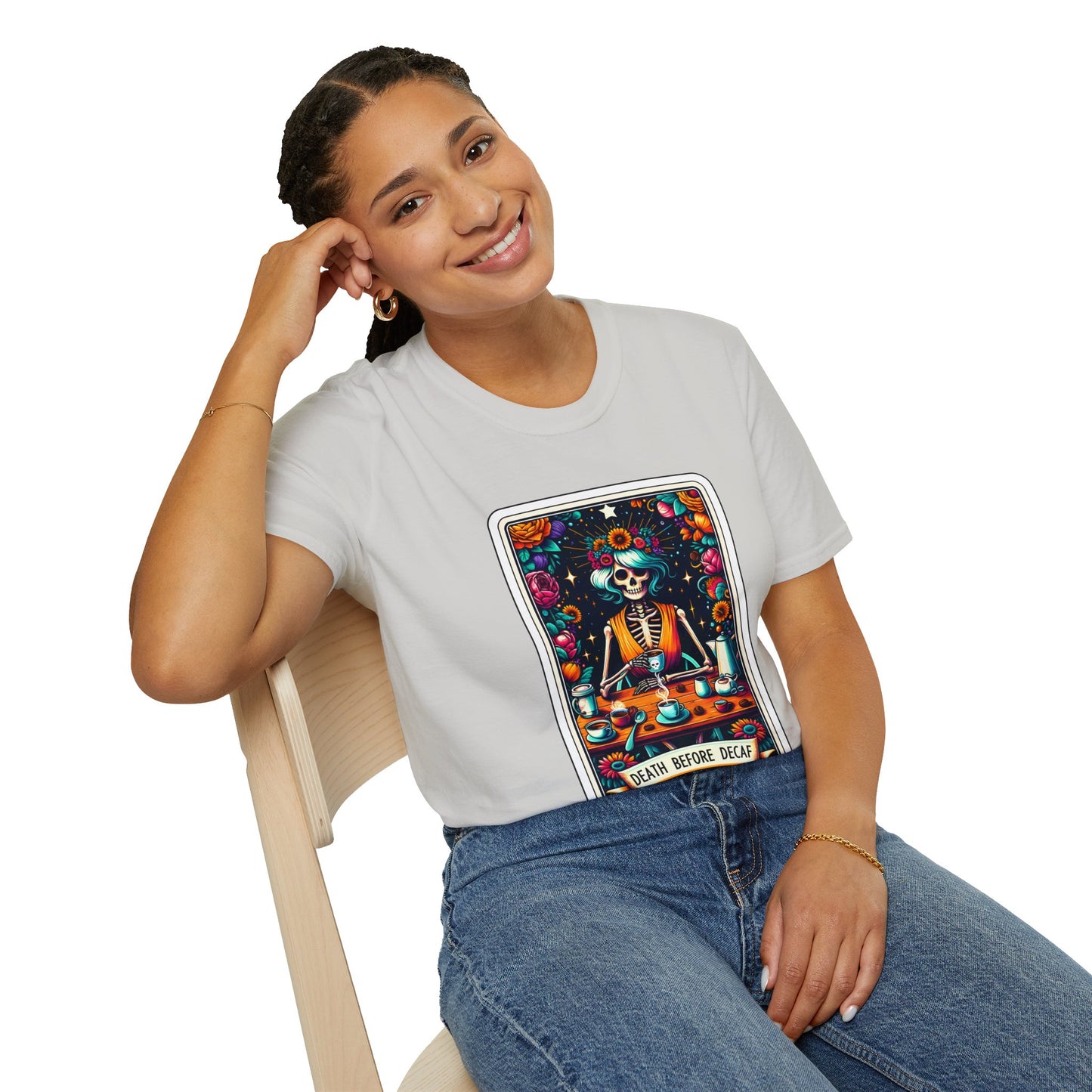 Spooky Halloween Coffee Skeleton Tee - Vibrant Day of the Dead Style Shirt