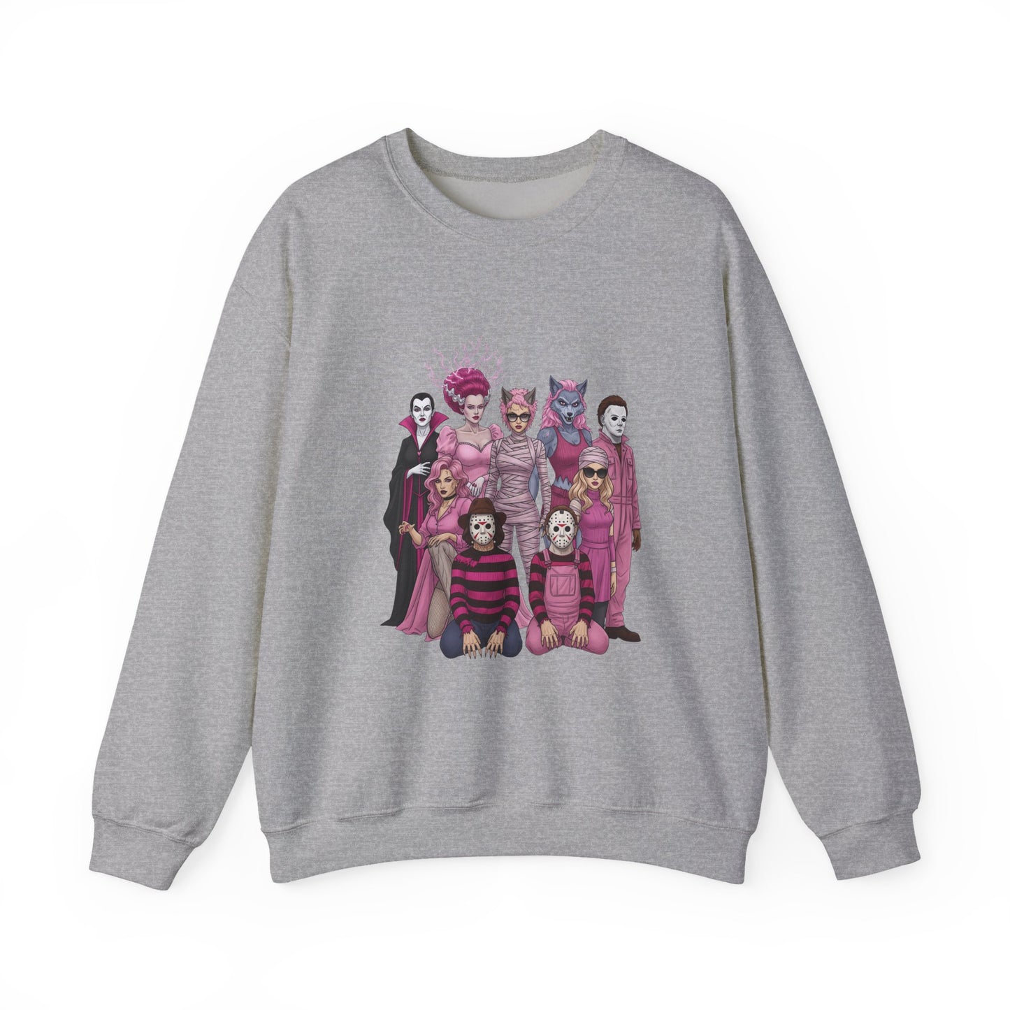 Lady Slashers Halloween Sweatshirt | Female Horror Villains Crewneck in Pink