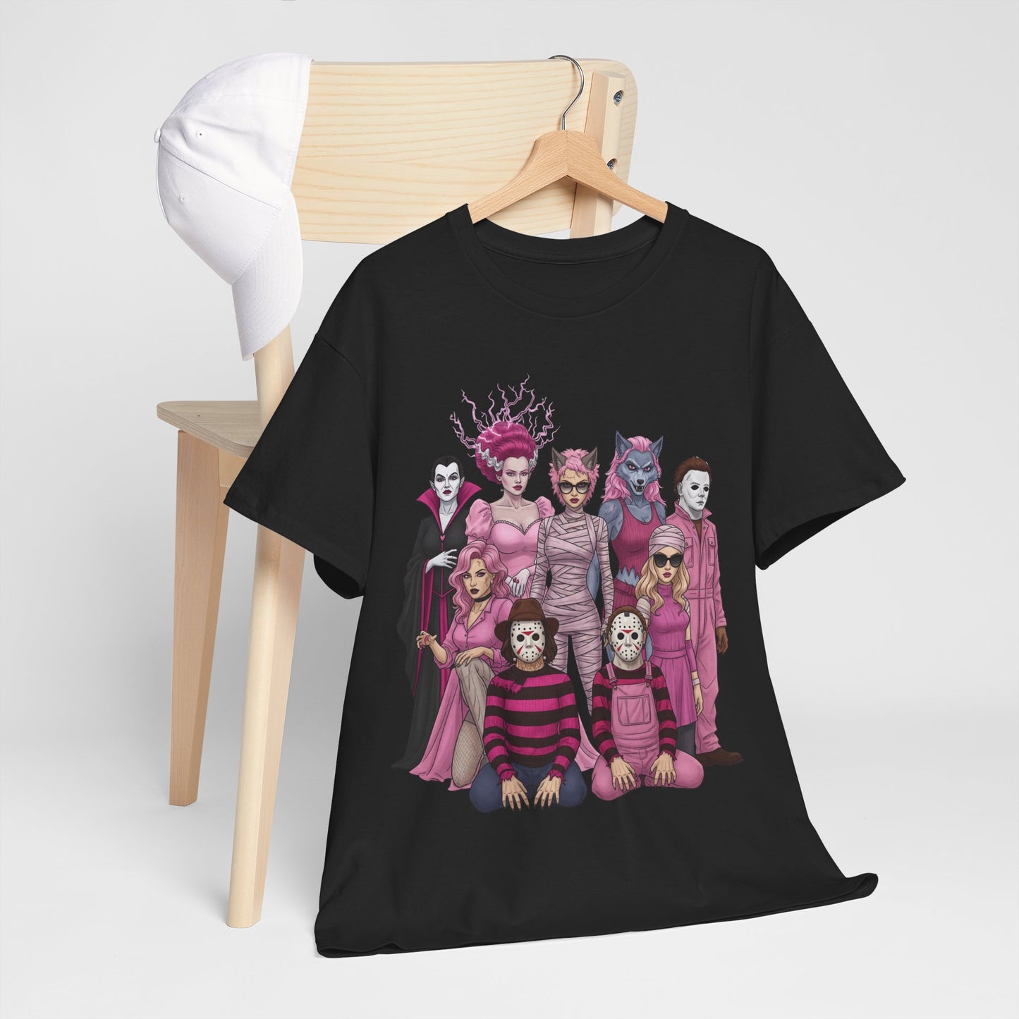 Lady Slashers Halloween Tee | Female Horror Villains Reunion Shirt in Pink