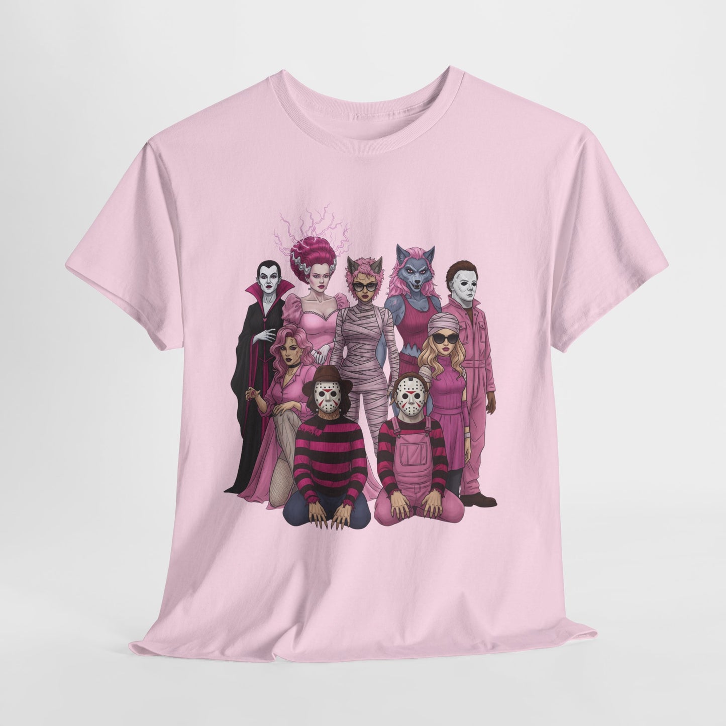 Lady Slashers Halloween Tee | Female Horror Villains Reunion Shirt in Pink