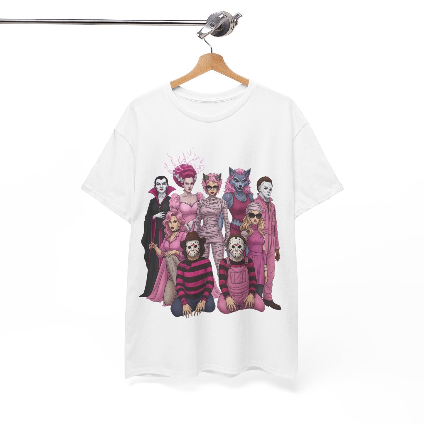 Lady Slashers Halloween Tee | Female Horror Villains Reunion Shirt in Pink