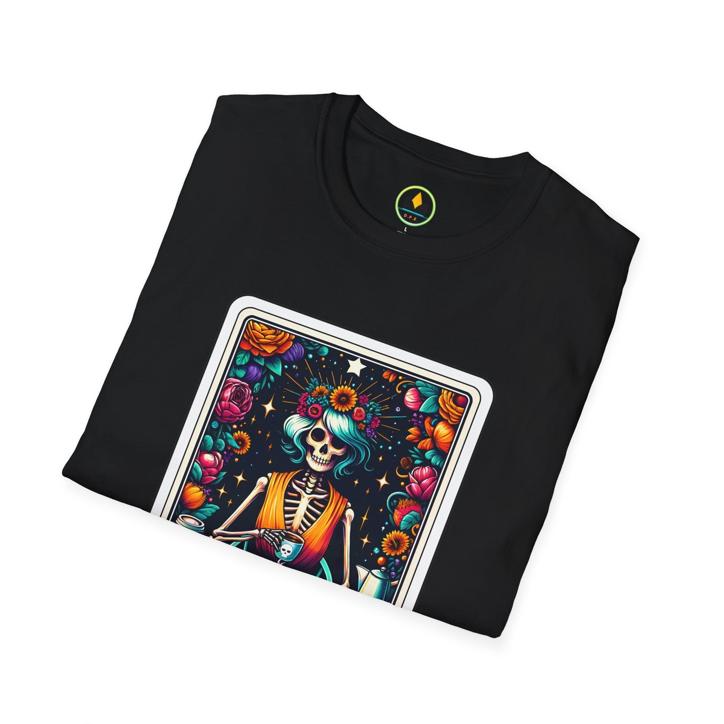 Spooky Halloween Coffee Skeleton Tee - Vibrant Day of the Dead Style Shirt