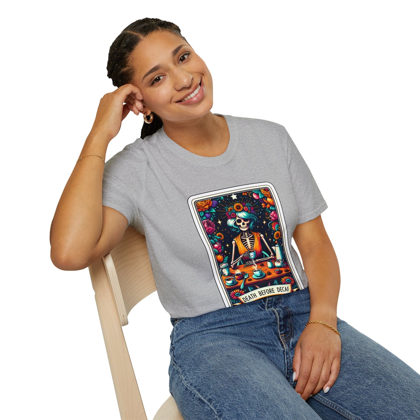 Spooky Halloween Coffee Skeleton Tee - Vibrant Day of the Dead Style Shirt