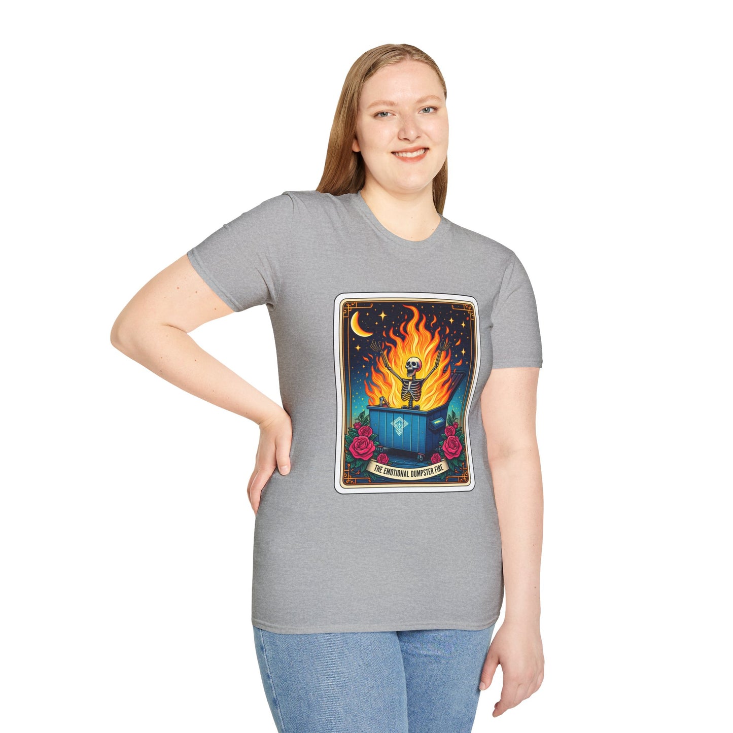 Emotional Dumpster Fire Tarot Tee - Unique Halloween Skeleton Shirt