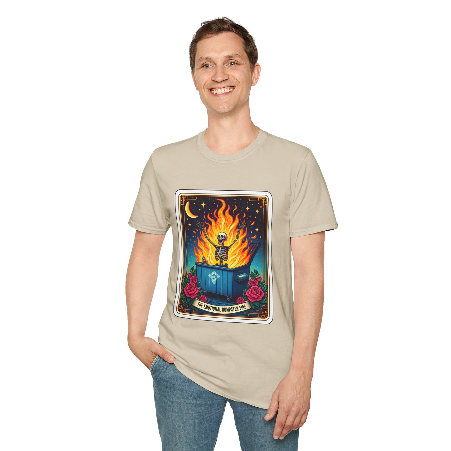 Emotional Dumpster Fire Tarot Tee - Unique Halloween Skeleton Shirt