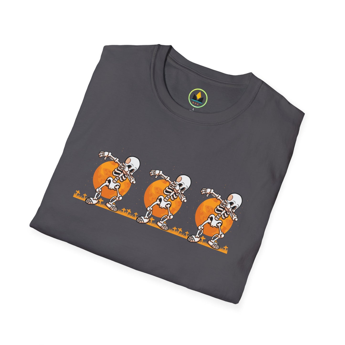 Moonlit Macabre: Dancing Skeleton Halloween T-Shirt – Spooky Unisex Softstyle T-Shirt