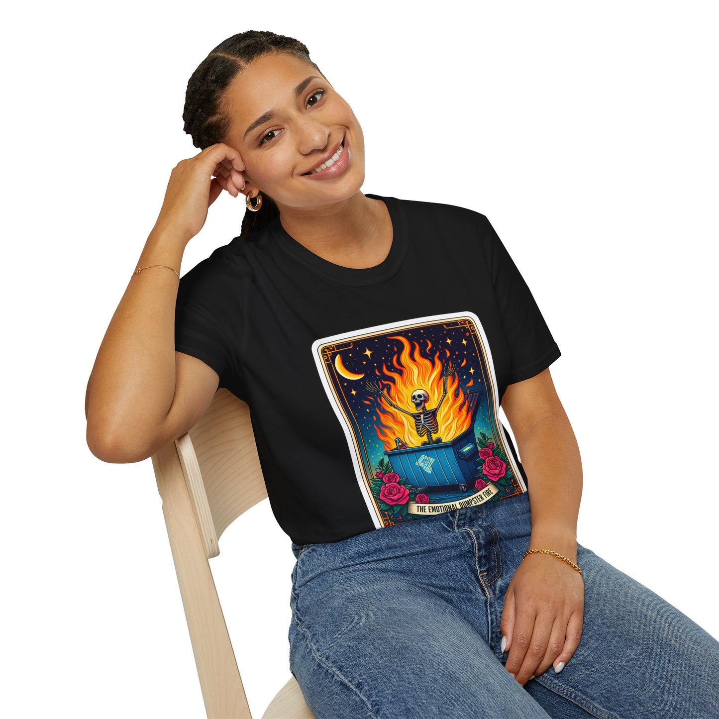 Emotional Dumpster Fire Tarot Tee - Unique Halloween Skeleton Shirt
