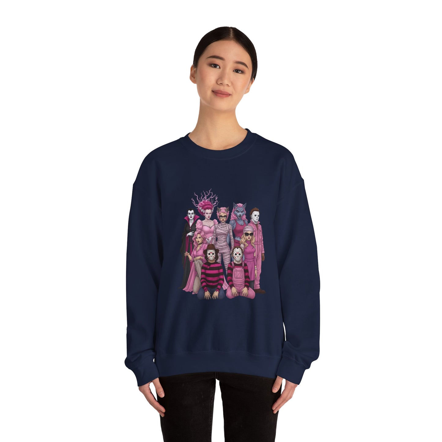 Lady Slashers Halloween Sweatshirt | Female Horror Villains Crewneck in Pink