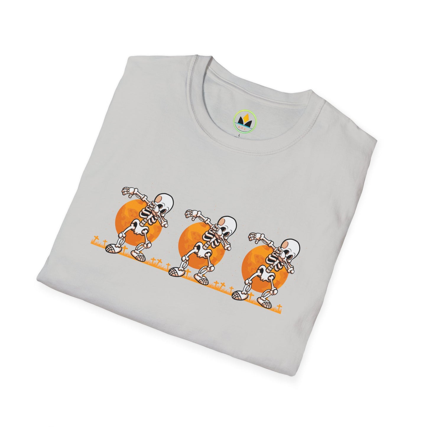 Moonlit Macabre: Dancing Skeleton Halloween T-Shirt – Spooky Unisex Softstyle T-Shirt