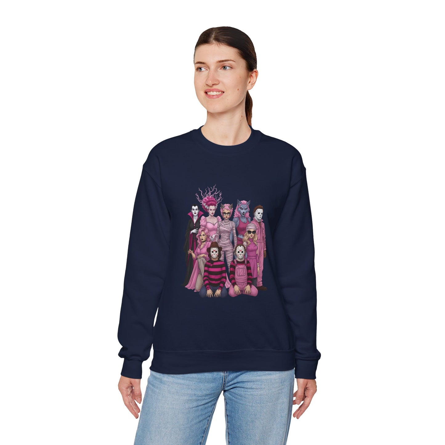 Lady Slashers Halloween Sweatshirt | Female Horror Villains Crewneck in Pink