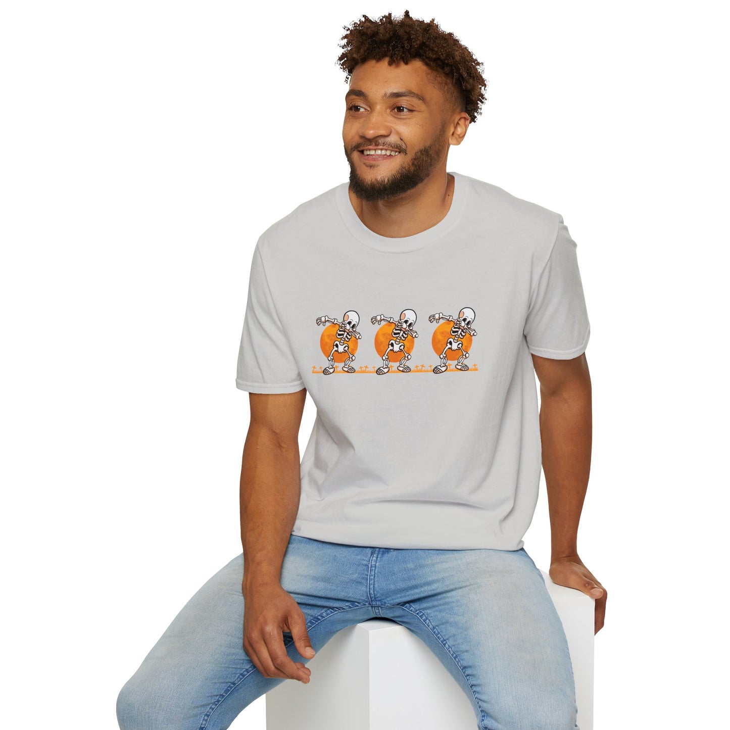 Moonlit Macabre: Dancing Skeleton Halloween T-Shirt – Spooky Unisex Softstyle T-Shirt