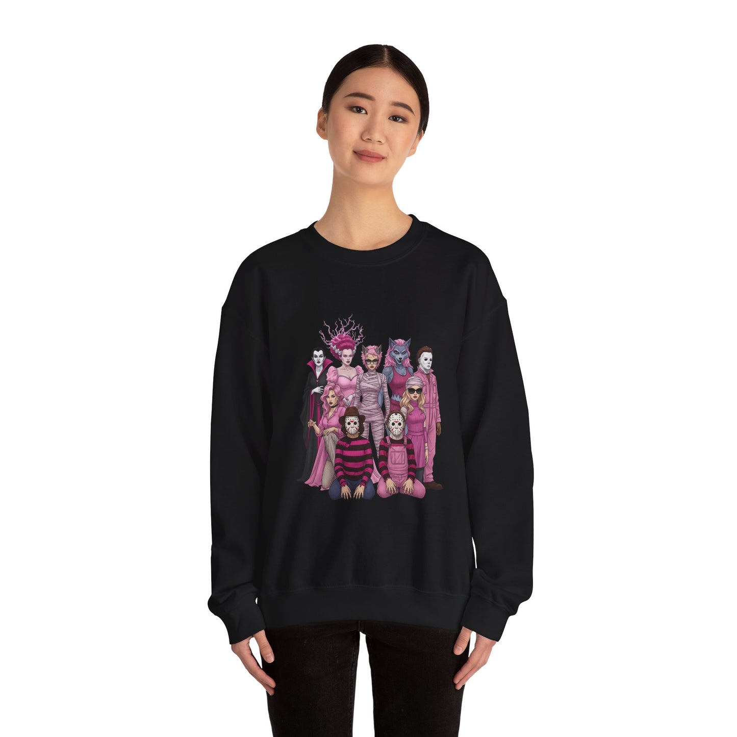 Lady Slashers Halloween Sweatshirt | Female Horror Villains Crewneck in Pink
