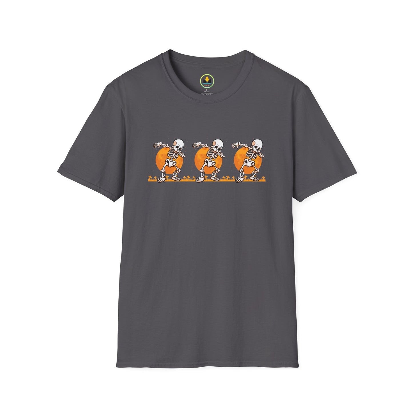 Moonlit Macabre: Dancing Skeleton Halloween T-Shirt – Spooky Unisex Softstyle T-Shirt