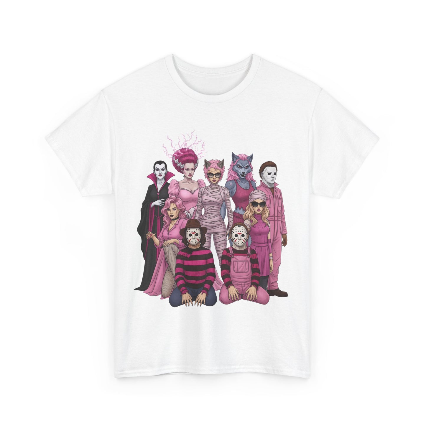 Lady Slashers Halloween Tee | Female Horror Villains Reunion Shirt in Pink