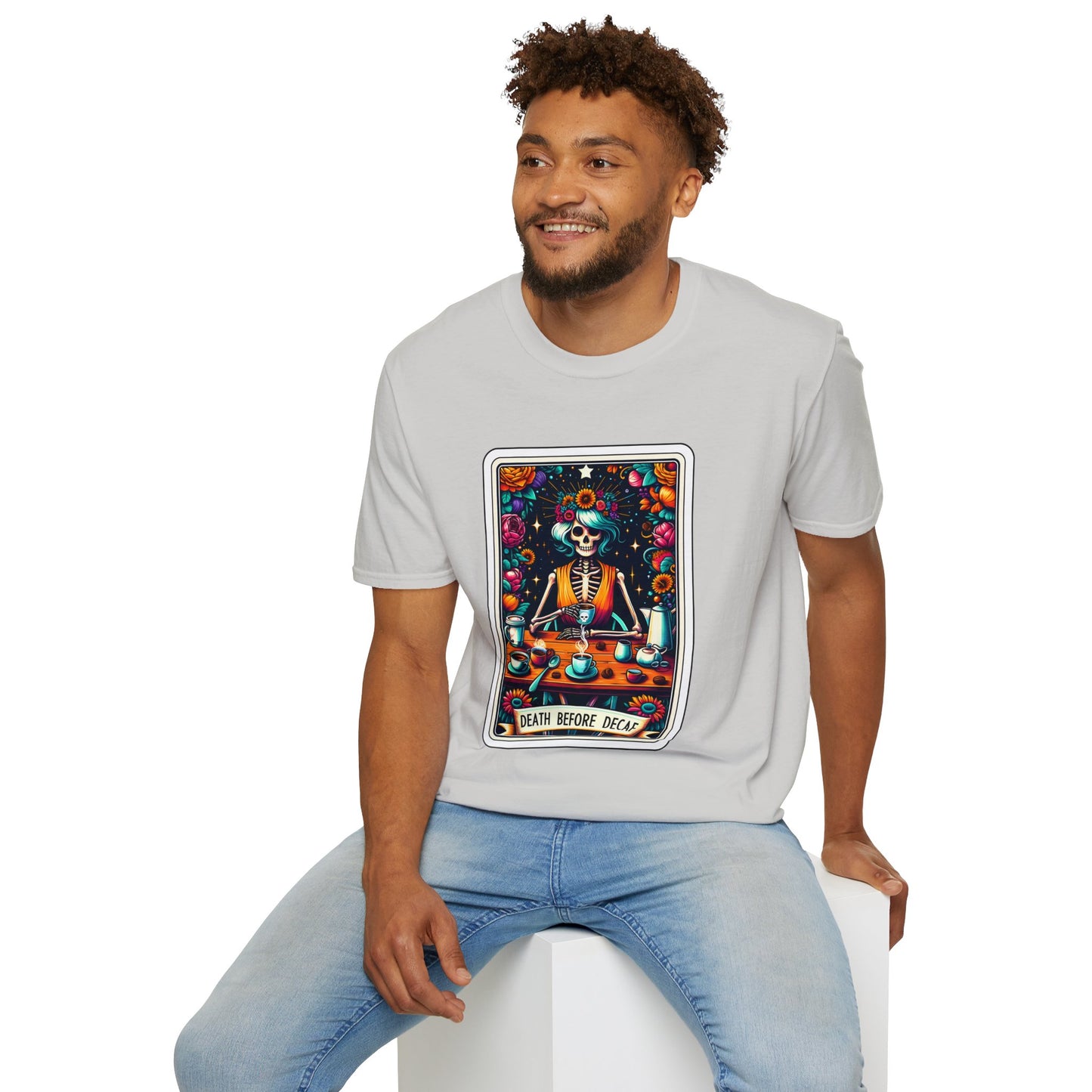 Spooky Halloween Coffee Skeleton Tee - Vibrant Day of the Dead Style Shirt