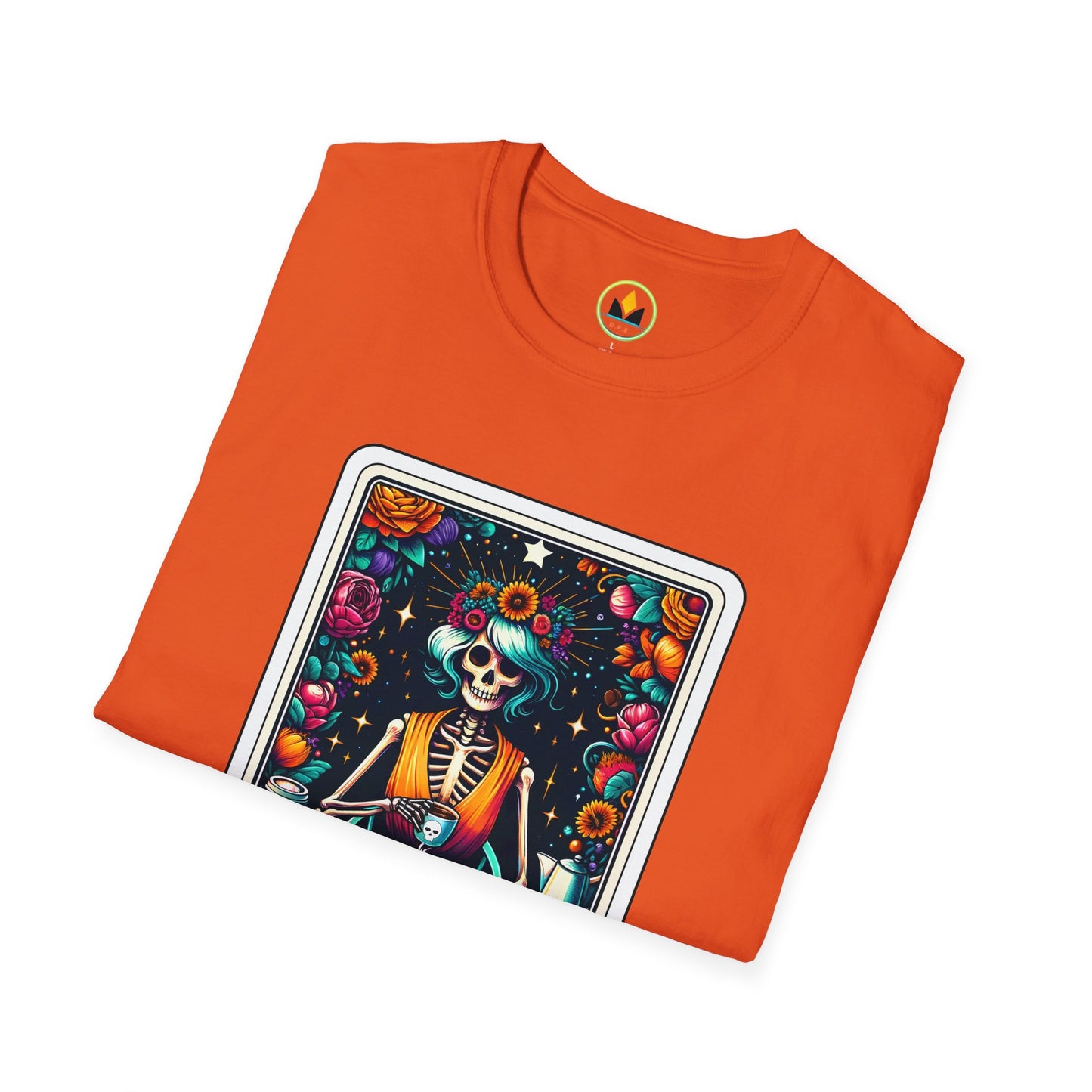 Spooky Halloween Coffee Skeleton Tee - Vibrant Day of the Dead Style Shirt