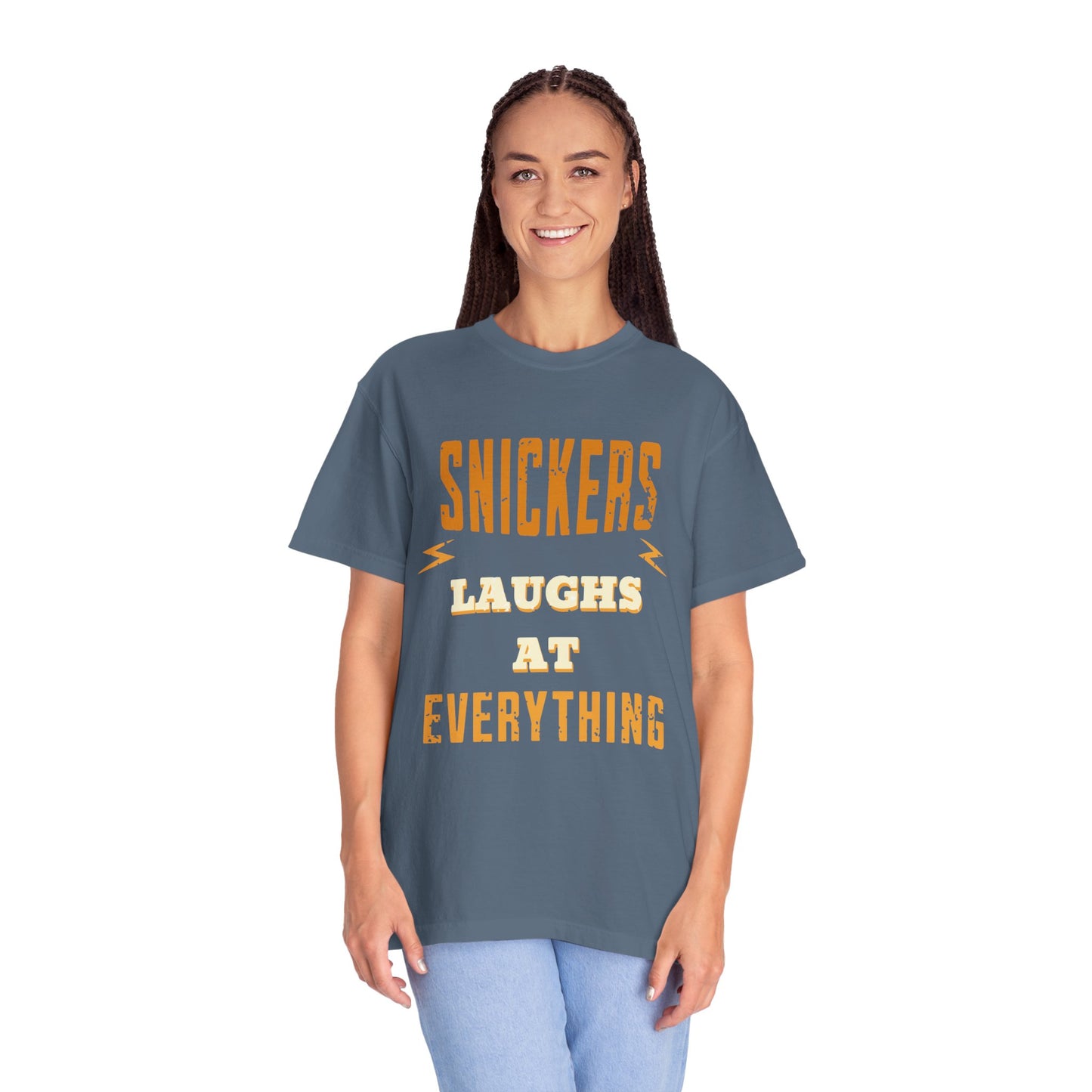 Cheerful 'Laughs at Everything' T-Shirt - coworker/friend Inspired Humorous Fun Shirt