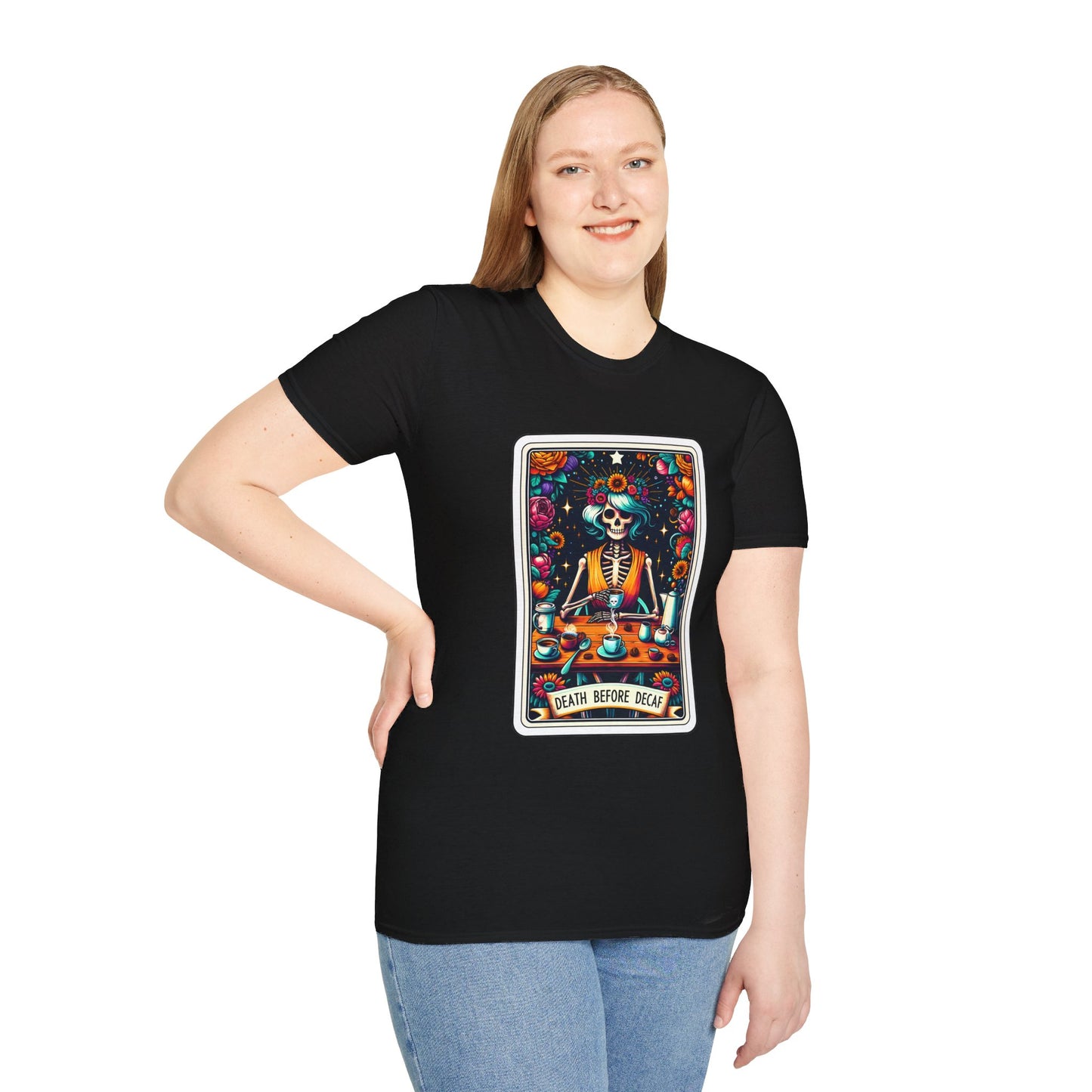 Spooky Halloween Coffee Skeleton Tee - Vibrant Day of the Dead Style Shirt