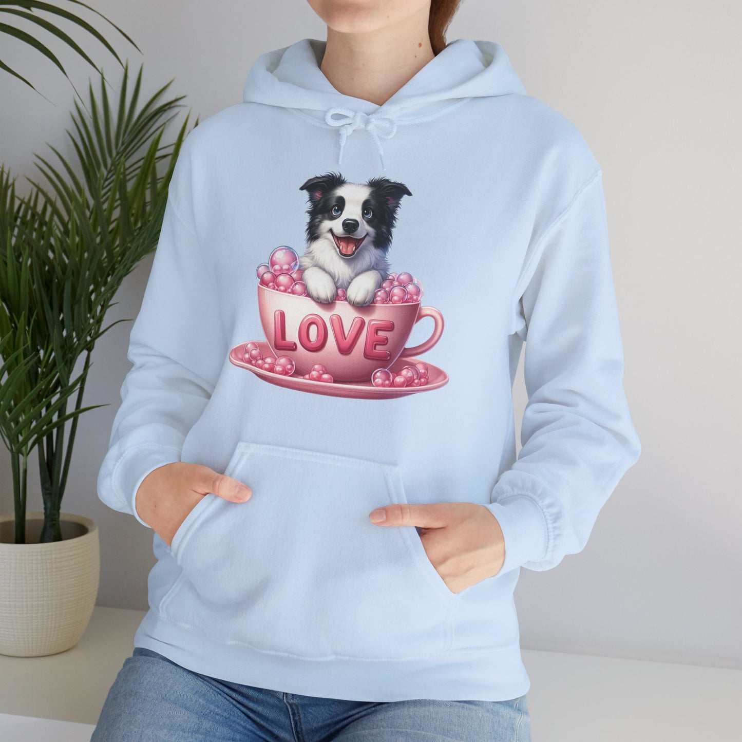 Viral Puppy Love Border Collie Hoodie - Cute Dog in Pink Cup Graphic Unisex Sweatshirt - Adorable Gift for Border Collie Lovers