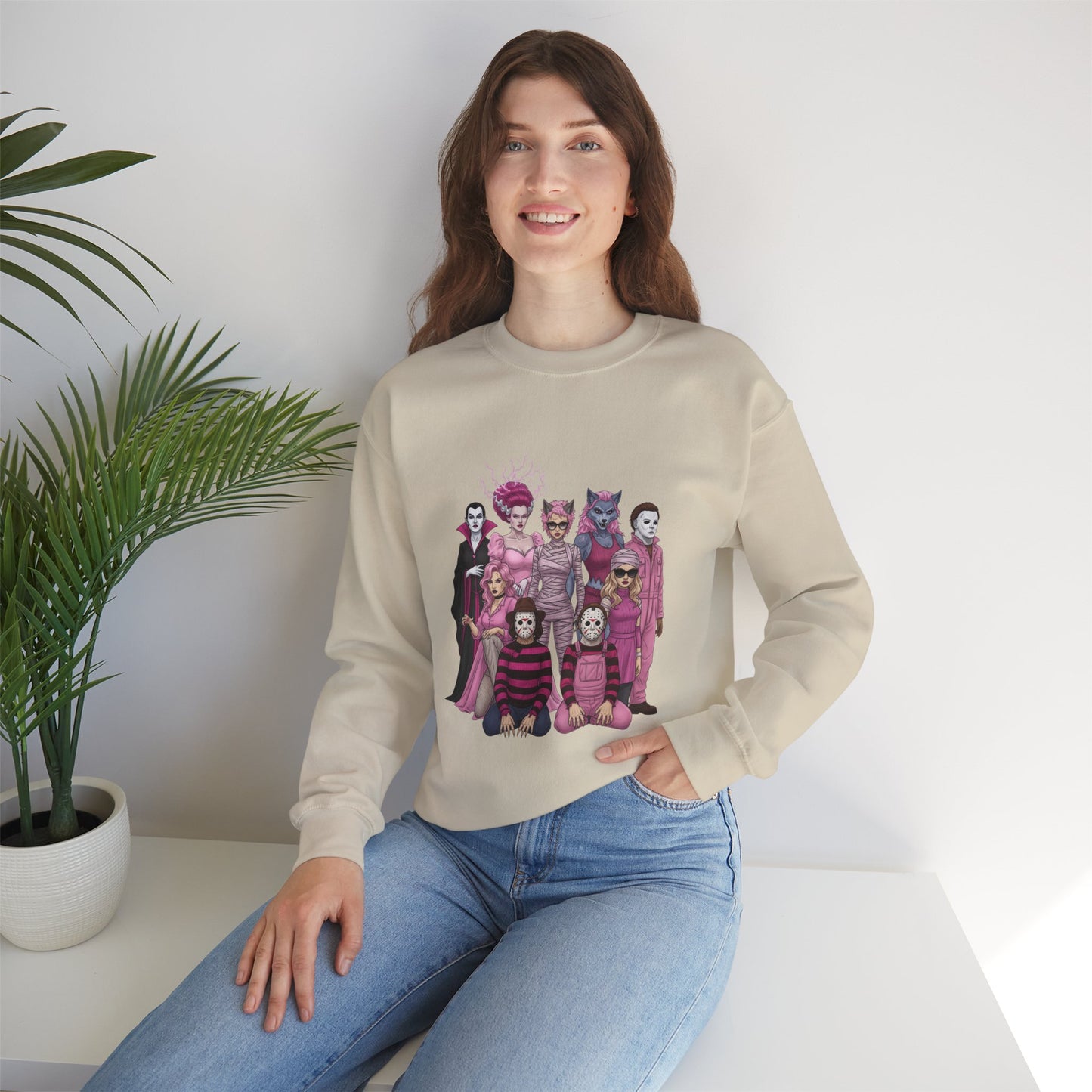 Lady Slashers Halloween Sweatshirt | Female Horror Villains Crewneck in Pink