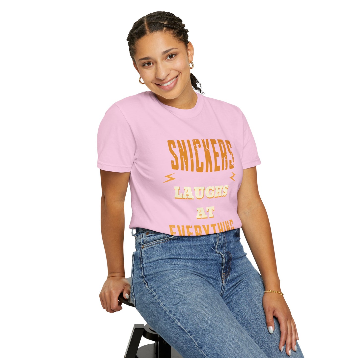 Cheerful 'Laughs at Everything' T-Shirt - coworker/friend Inspired Humorous Fun Shirt