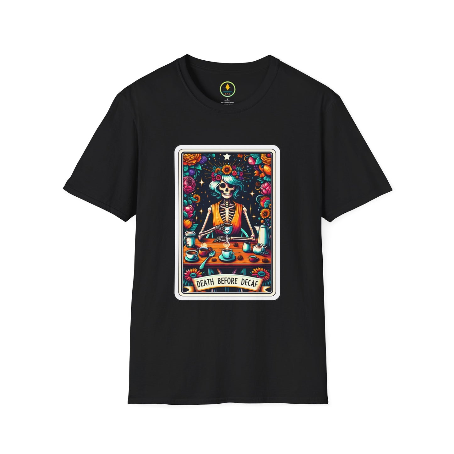 Spooky Halloween Coffee Skeleton Tee - Vibrant Day of the Dead Style Shirt