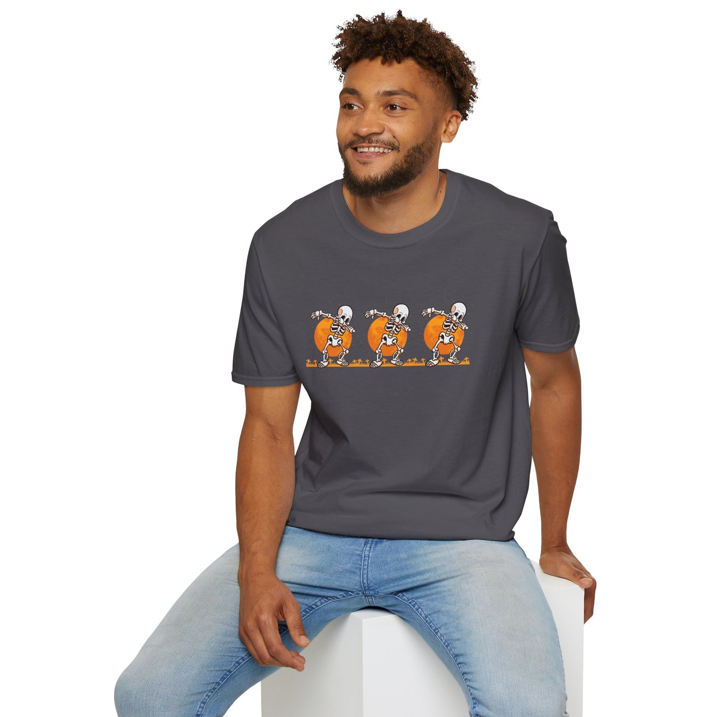 Moonlit Macabre: Dancing Skeleton Halloween T-Shirt – Spooky Unisex Softstyle T-Shirt