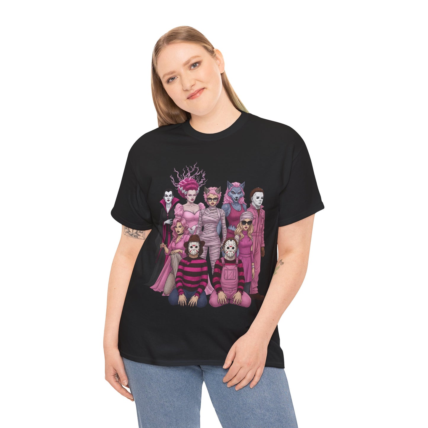 Lady Slashers Halloween Tee | Female Horror Villains Reunion Shirt in Pink