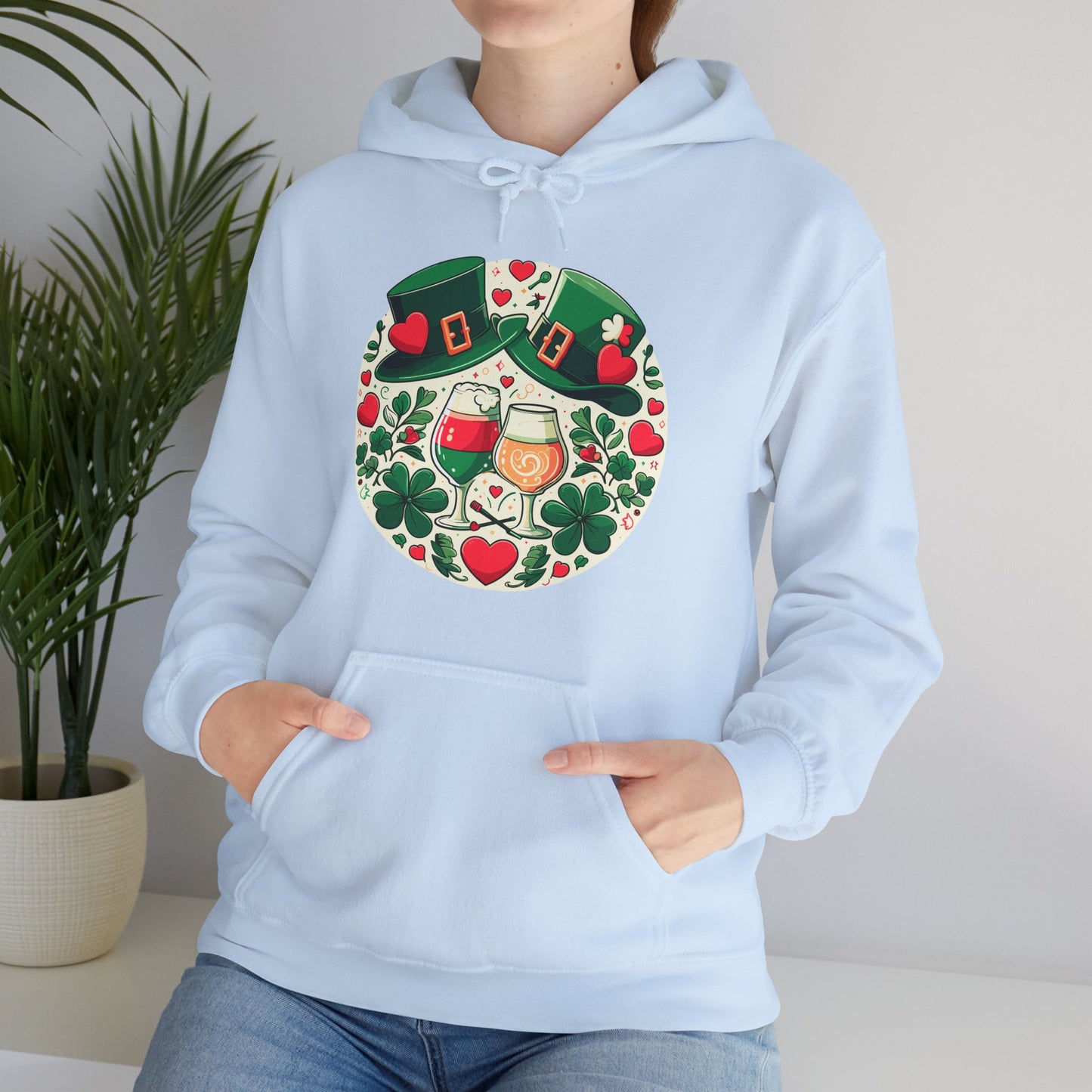 St. Patrick's Day Hoodie, Irish Celebration Beer Clover Heart Unisex Pullover