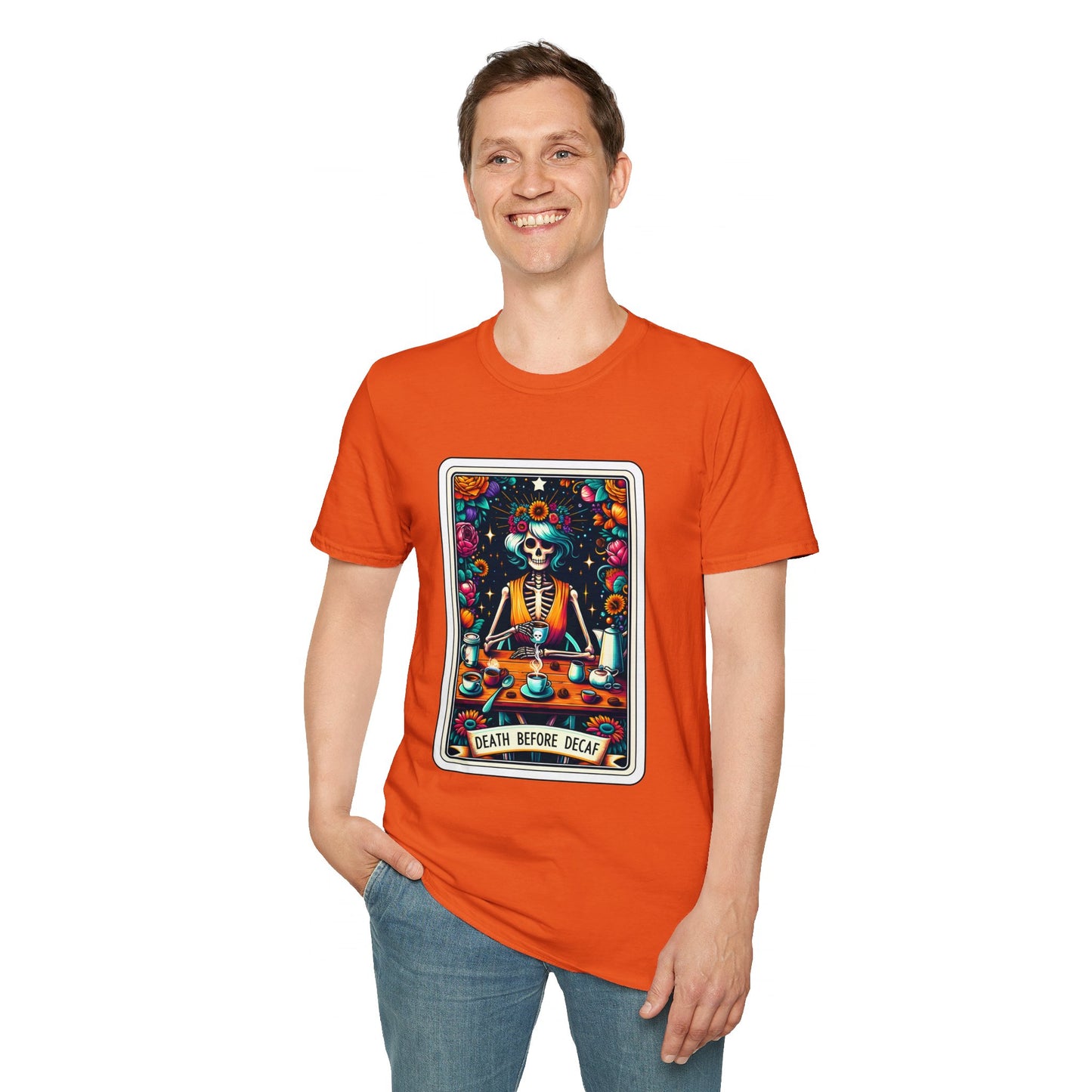 Spooky Halloween Coffee Skeleton Tee - Vibrant Day of the Dead Style Shirt