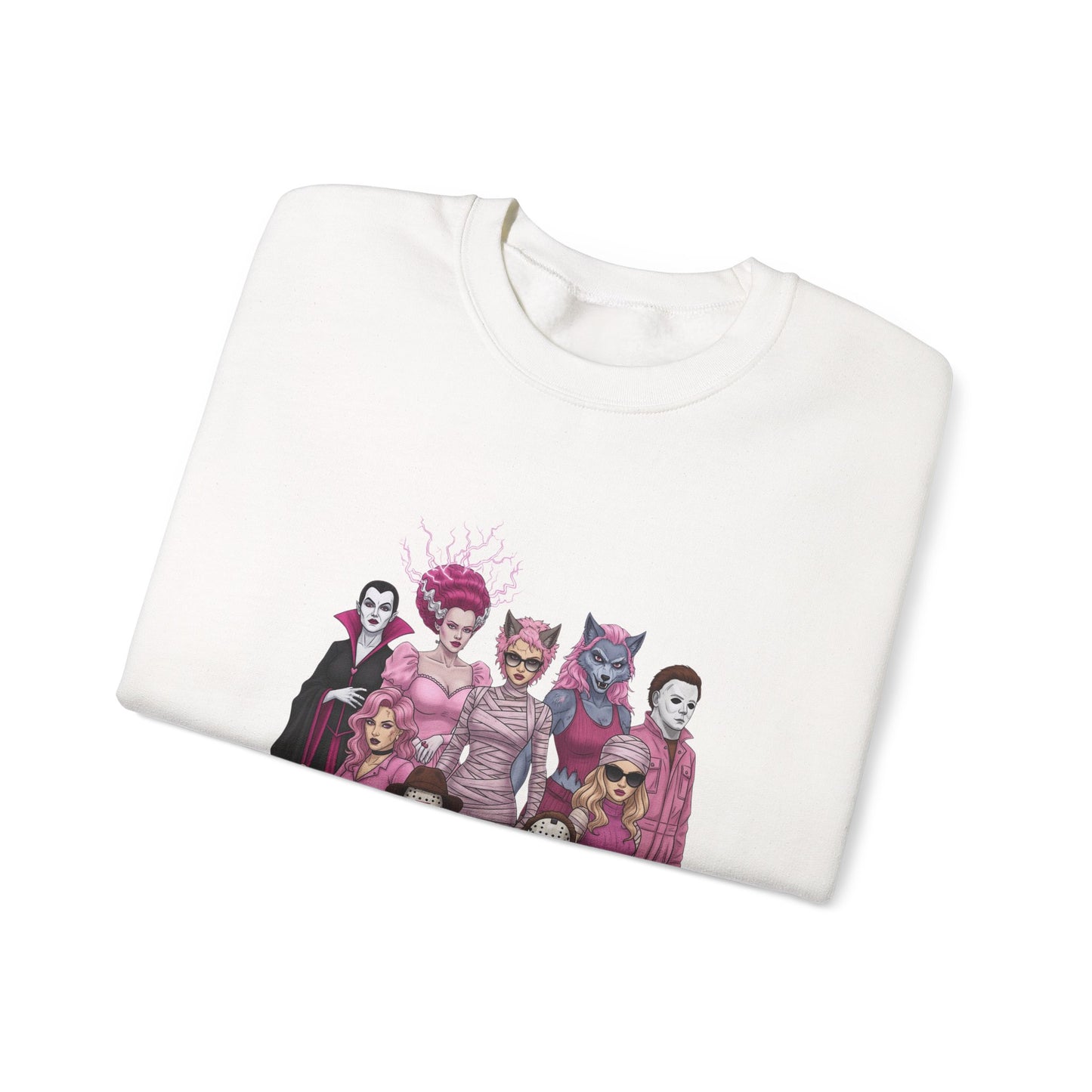 Lady Slashers Halloween Sweatshirt | Female Horror Villains Crewneck in Pink
