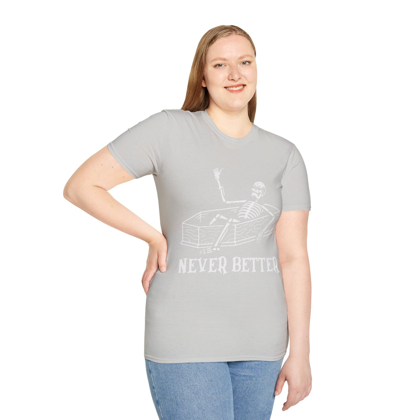 NEVER BETTER - Skeleton in Coffin Halloween Unisex Softstyle T-Shirt