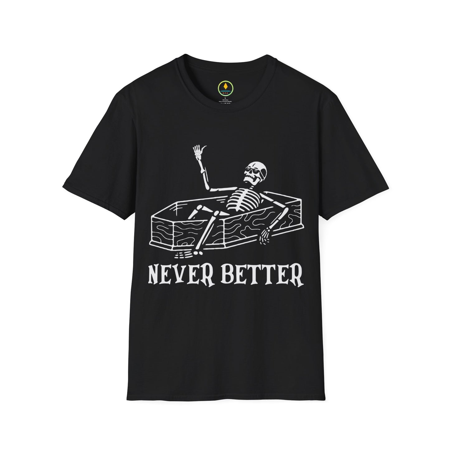 NEVER BETTER - Skeleton in Coffin Halloween Unisex Softstyle T-Shirt