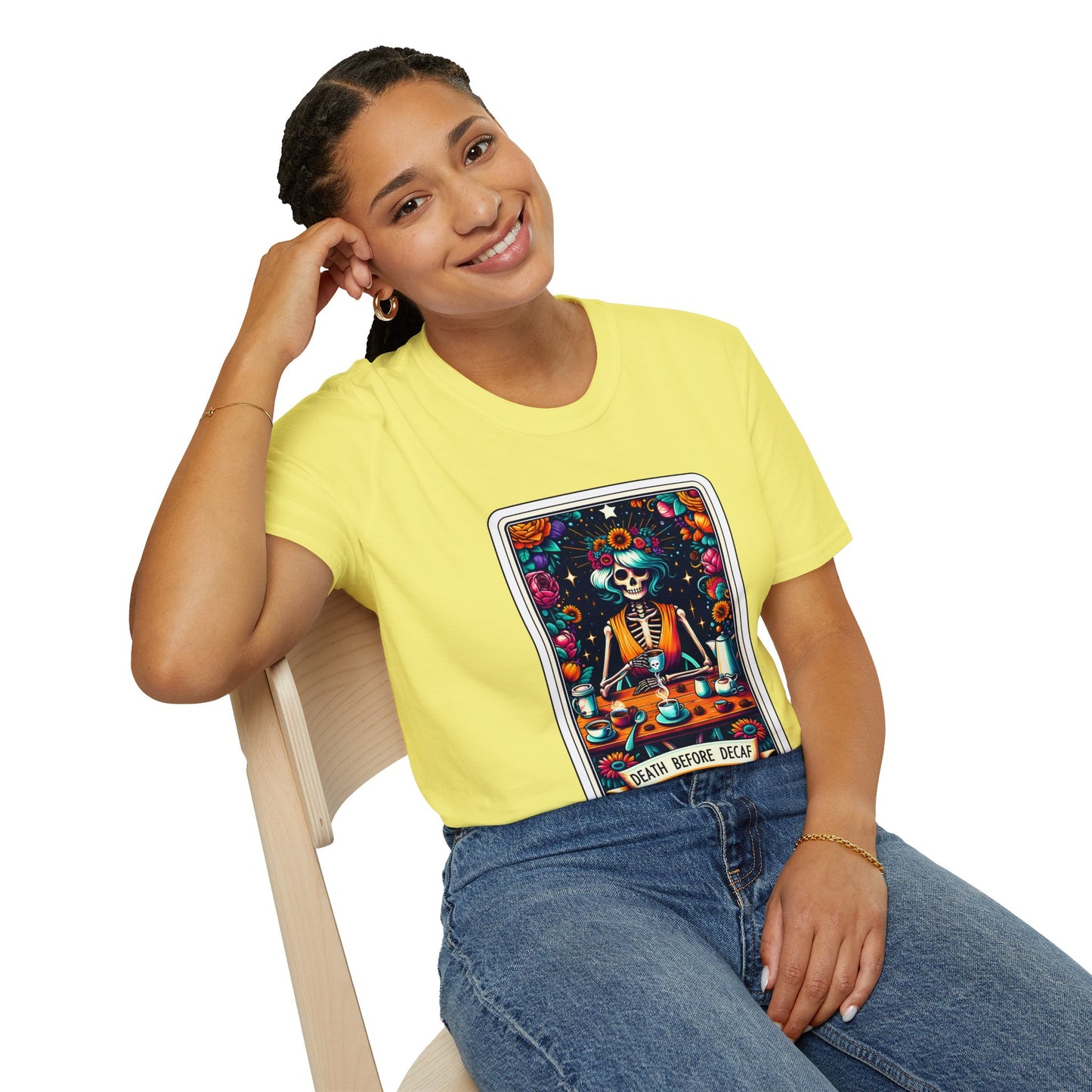 Spooky Halloween Coffee Skeleton Tee - Vibrant Day of the Dead Style Shirt