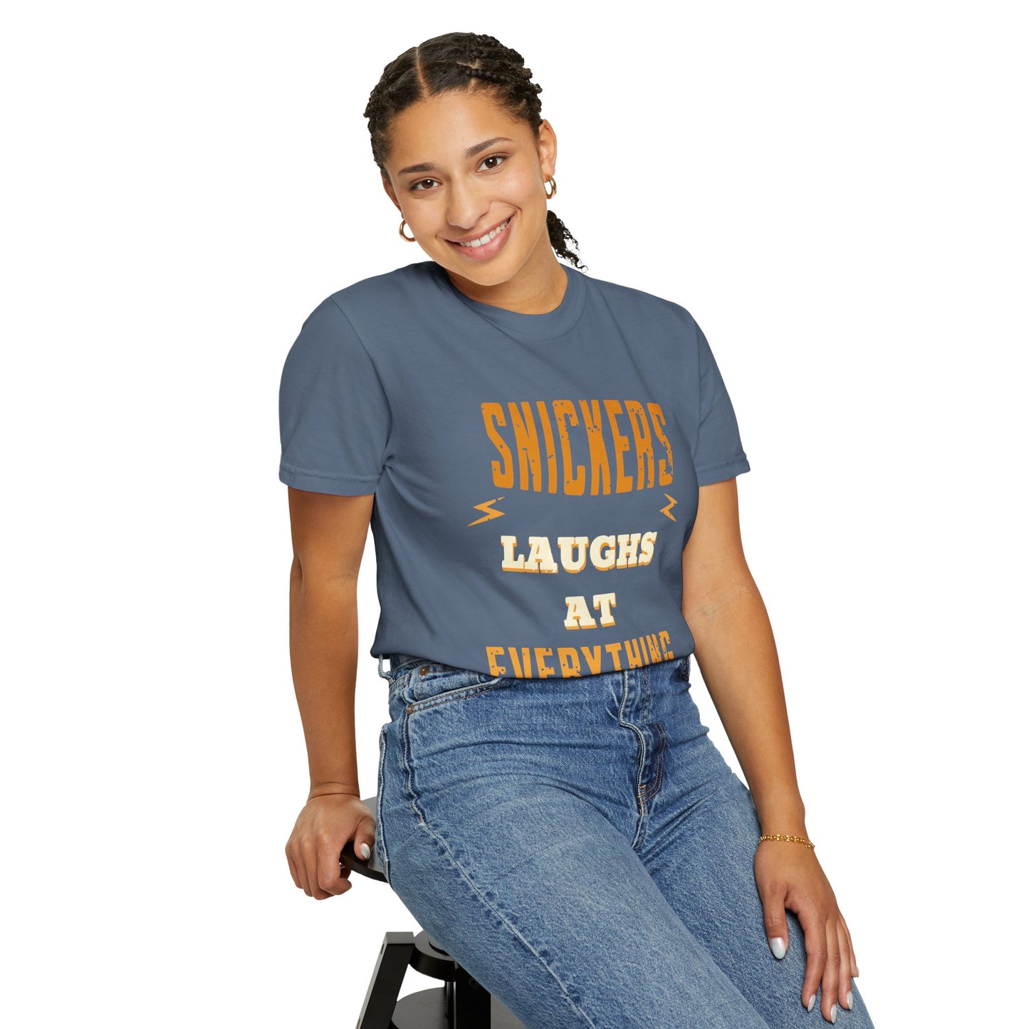 Cheerful 'Laughs at Everything' T-Shirt - coworker/friend Inspired Humorous Fun Shirt
