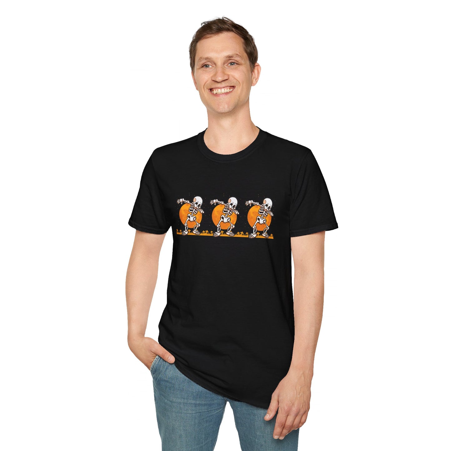 Moonlit Macabre: Dancing Skeleton Halloween T-Shirt – Spooky Unisex Softstyle T-Shirt