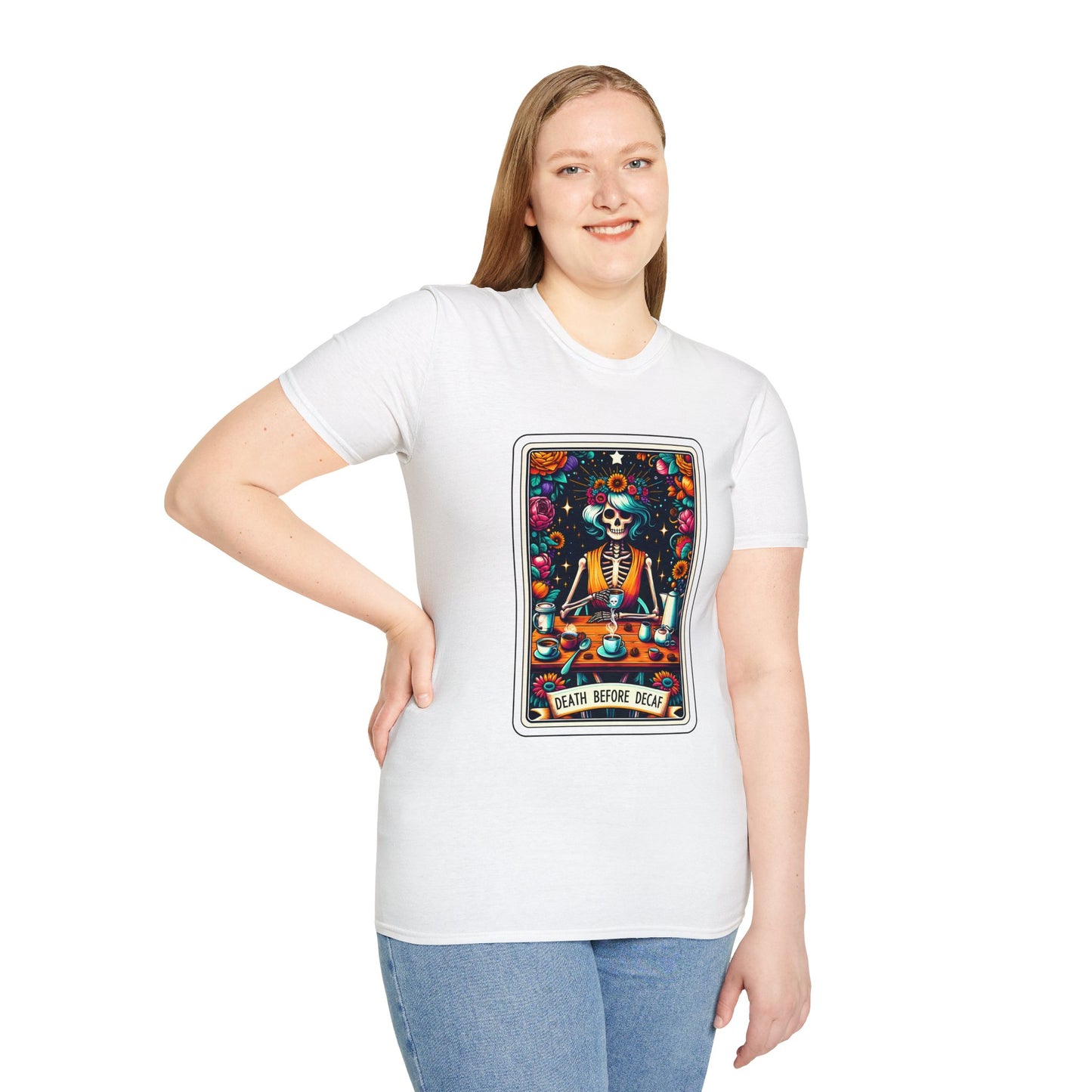 Spooky Halloween Coffee Skeleton Tee - Vibrant Day of the Dead Style Shirt