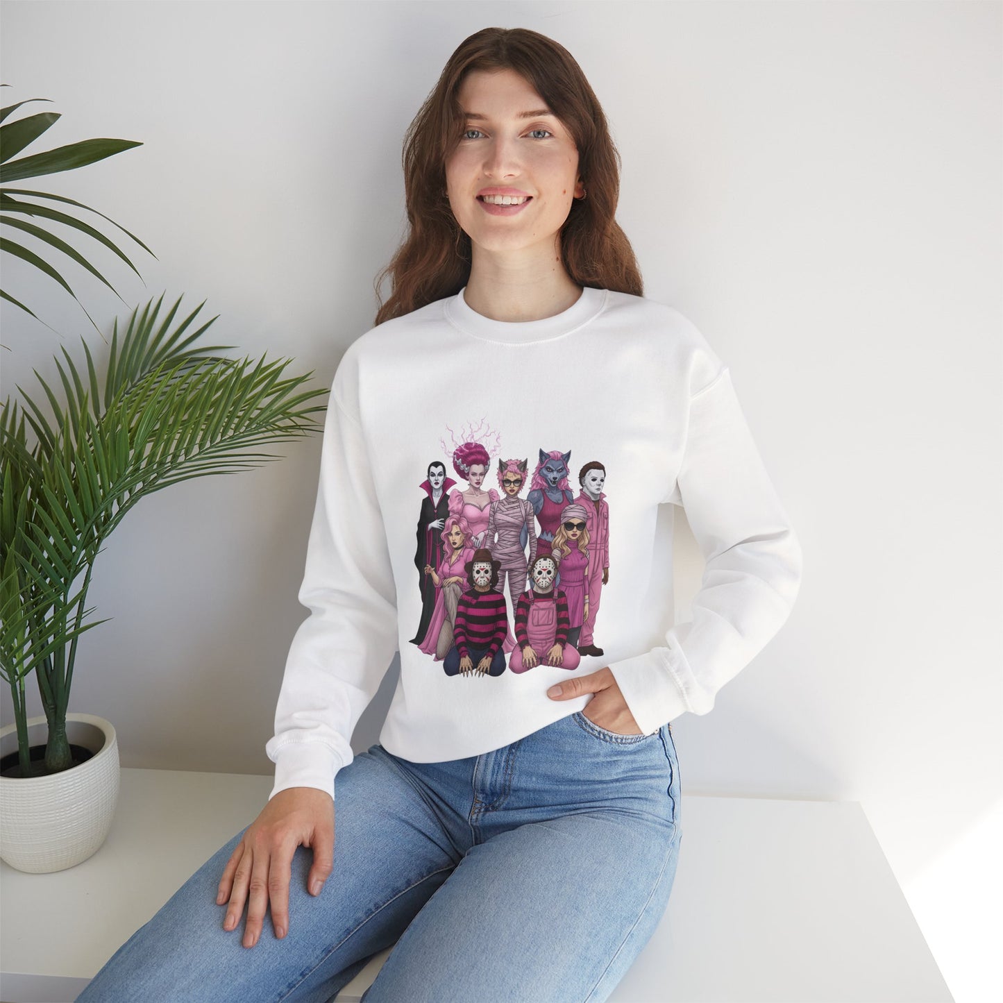 Lady Slashers Halloween Sweatshirt | Female Horror Villains Crewneck in Pink