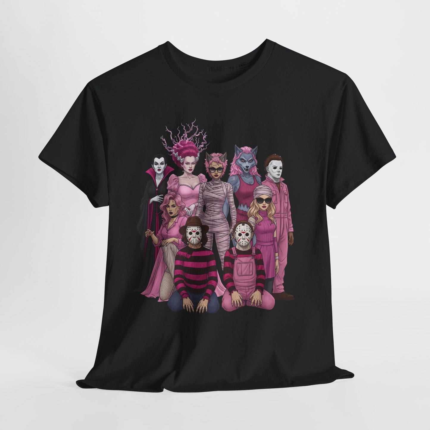 Lady Slashers Halloween Tee | Female Horror Villains Reunion Shirt in Pink