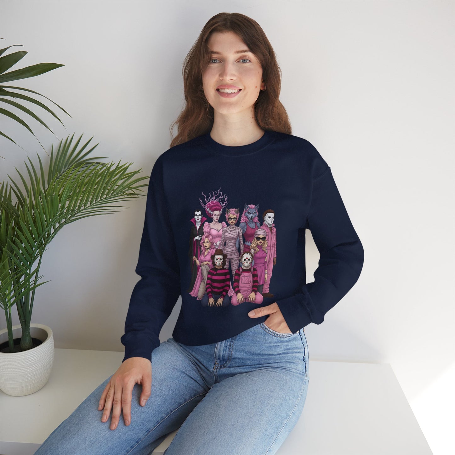 Lady Slashers Halloween Sweatshirt | Female Horror Villains Crewneck in Pink