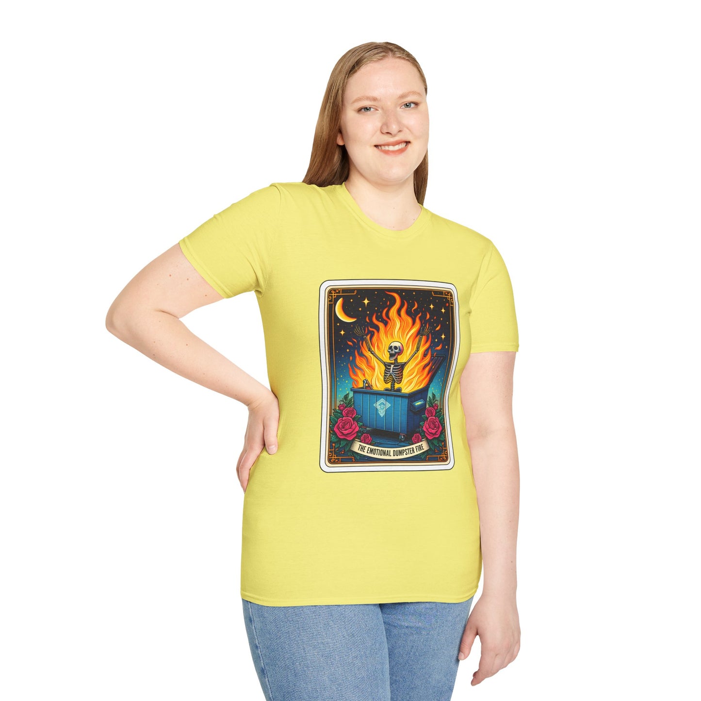 Emotional Dumpster Fire Tarot Tee - Unique Halloween Skeleton Shirt