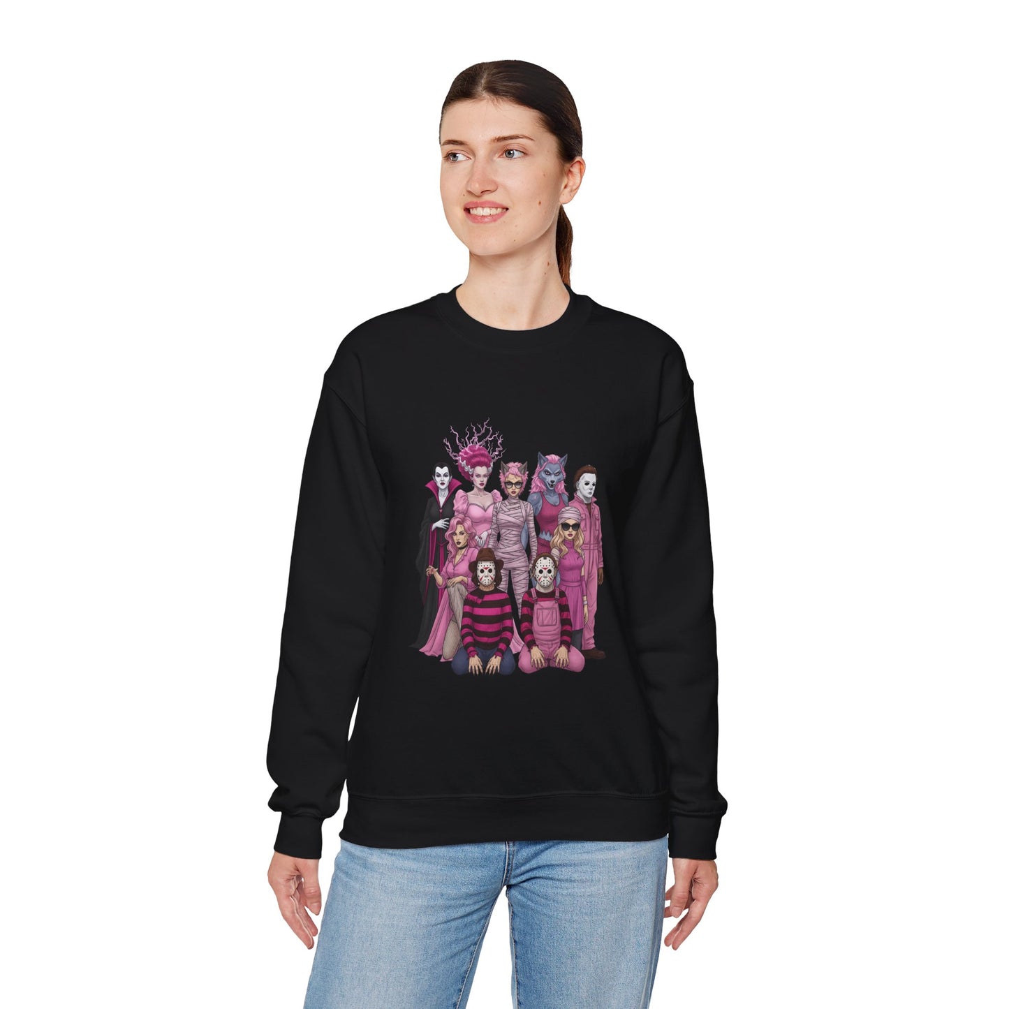 Lady Slashers Halloween Sweatshirt | Female Horror Villains Crewneck in Pink