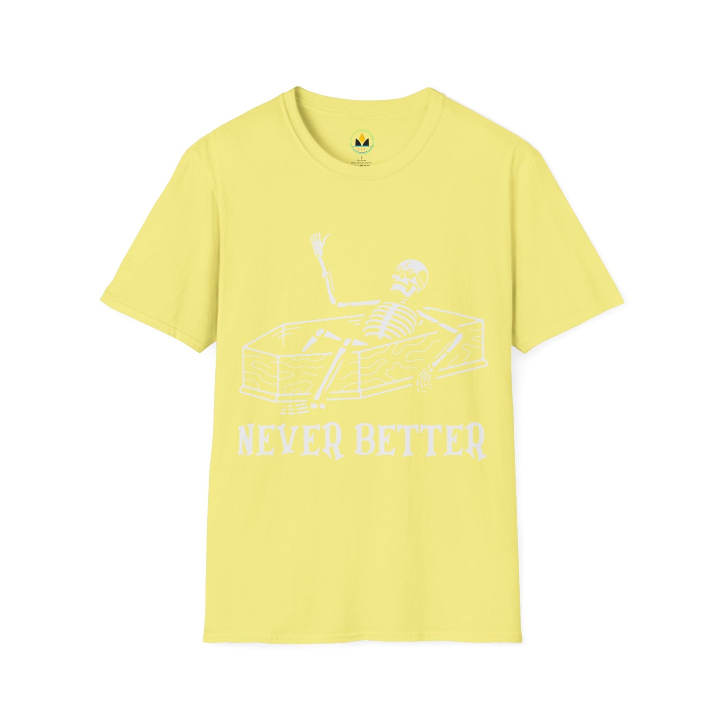 NEVER BETTER - Skeleton in Coffin Halloween Unisex Softstyle T-Shirt